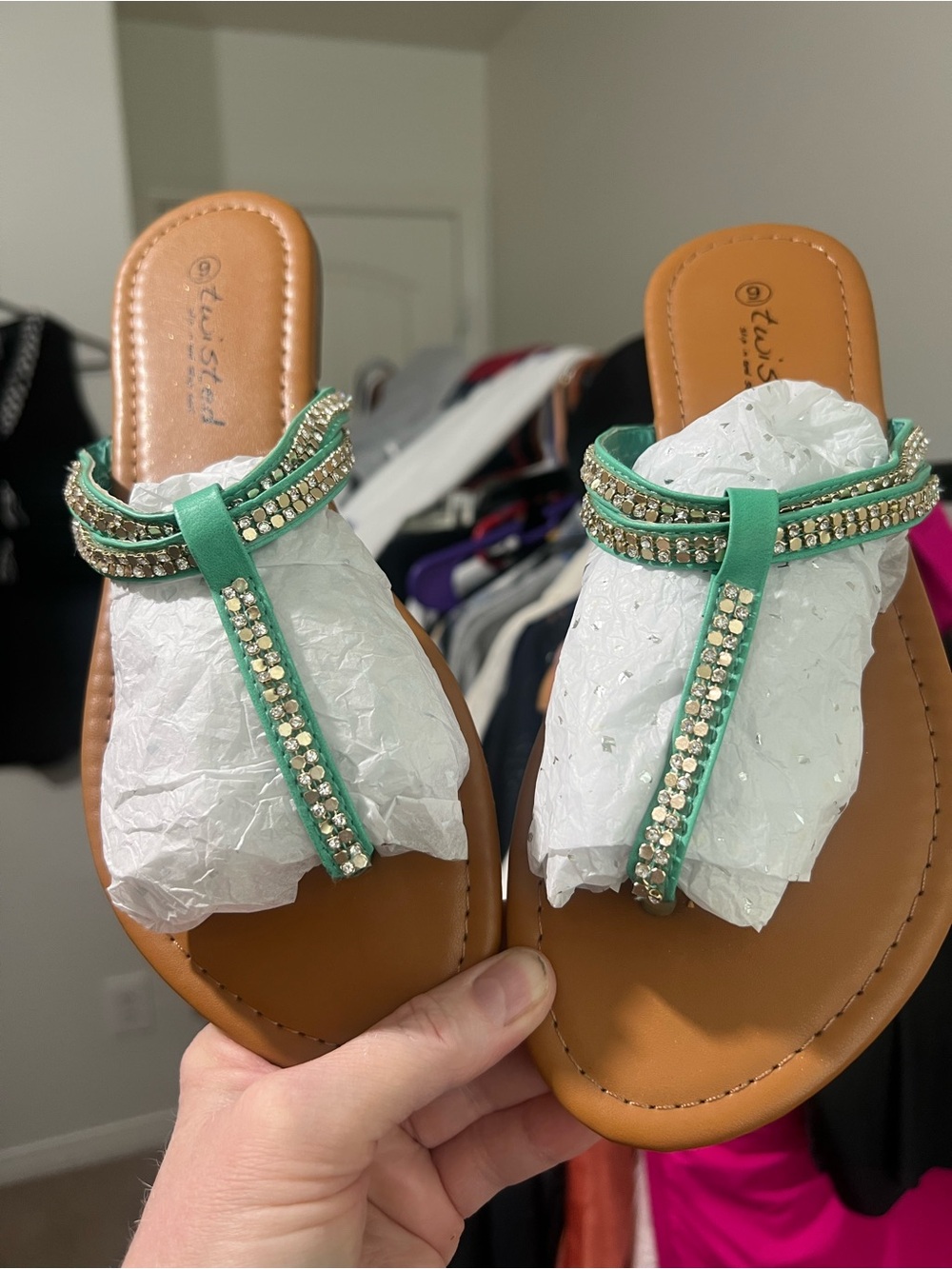 TWISTED Mint Green Jeweled T-Strap Sandals
